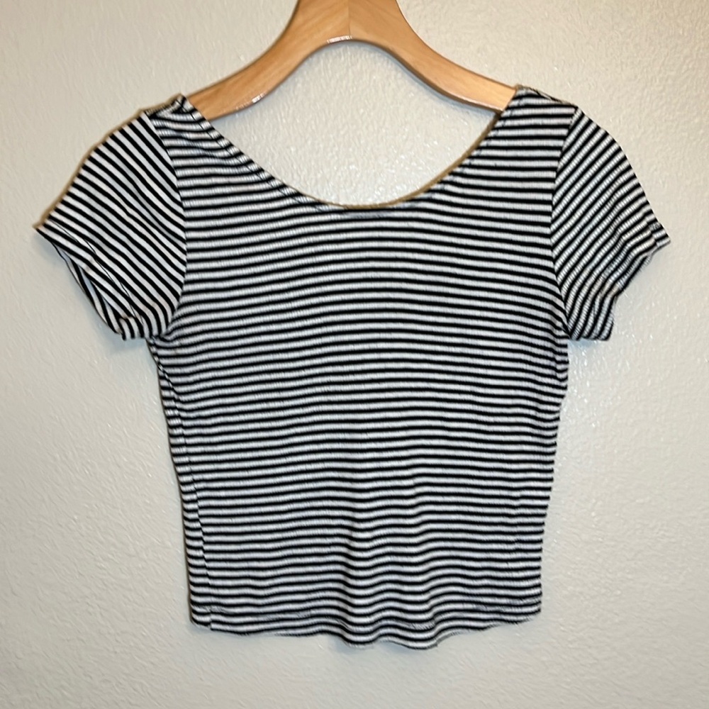 Brandy Melville Black White Stripes Crop Short Sleeve Shirt